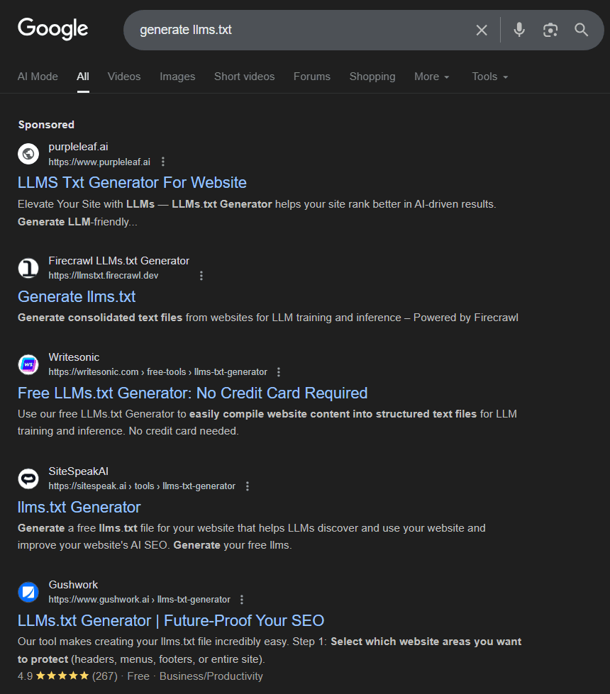 google search on generate llm dot txt