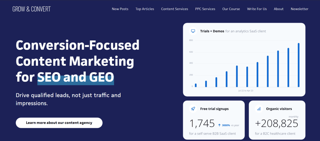 grow and convert homepage