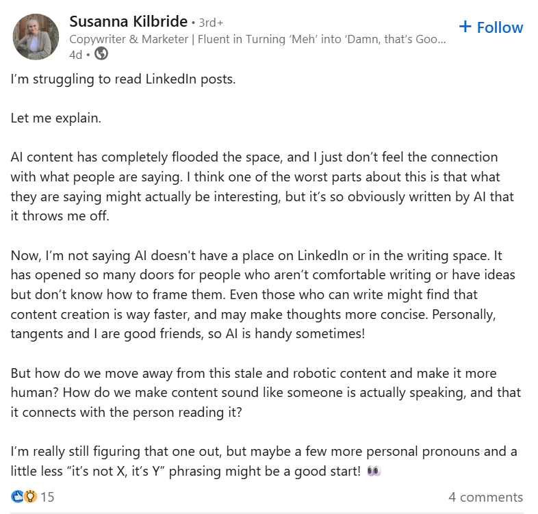 A user complaining about LinkedIn being flooded with AI-generated posts.