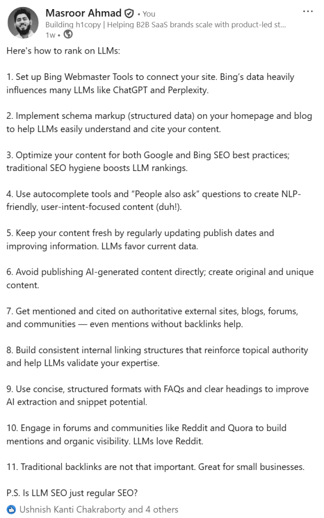 Masroor Ahmad LinkedIn post on how to rank on LLM