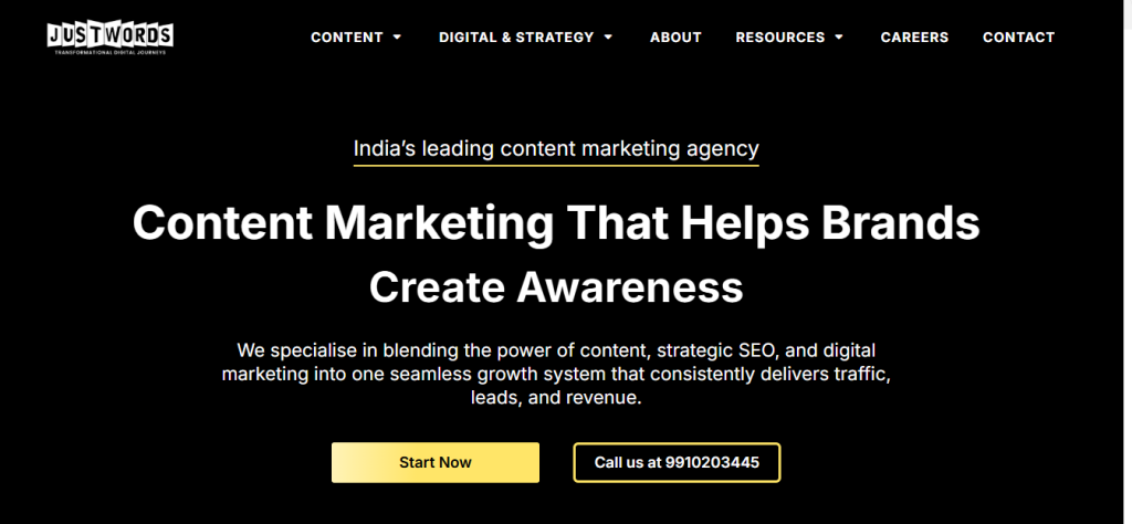 justwords homepage for h1copy blog about top b2b saas content writing agencies in india 