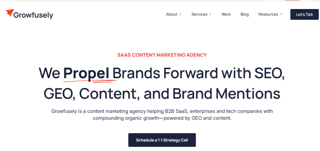 growfusely website homepage screenshot for the blog top b2b saas content writing agencies in india