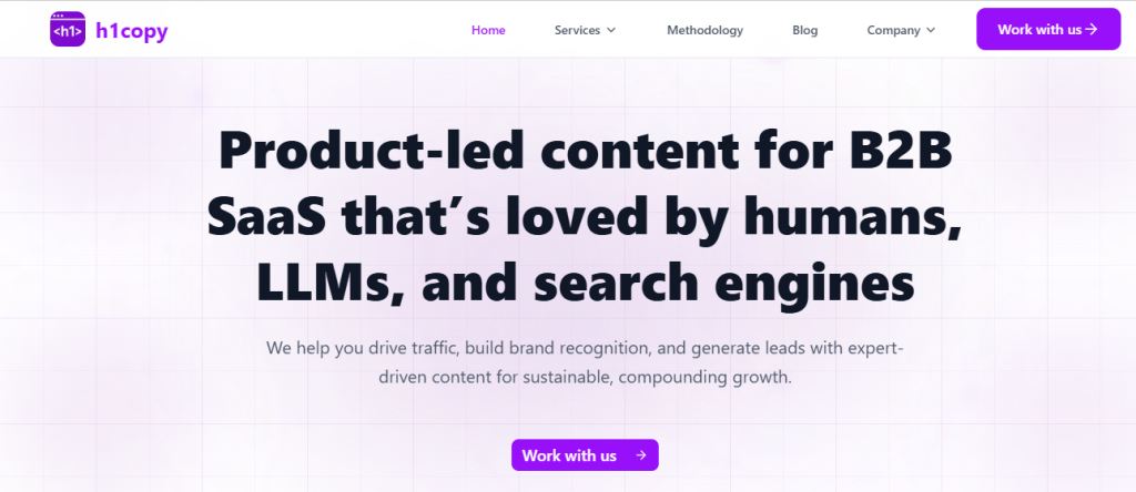 h1copy, a b2b saas content marketing agency website homepage 