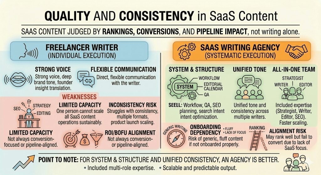 Factor 2: quality and consistency when picking Freelance SaaS writer vs SaaS writing agency
