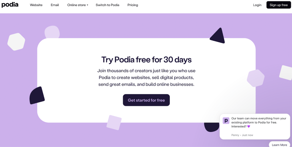 screenshot from podia comparison page