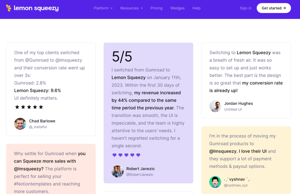 screenshot from lemon squeezy comparison page
