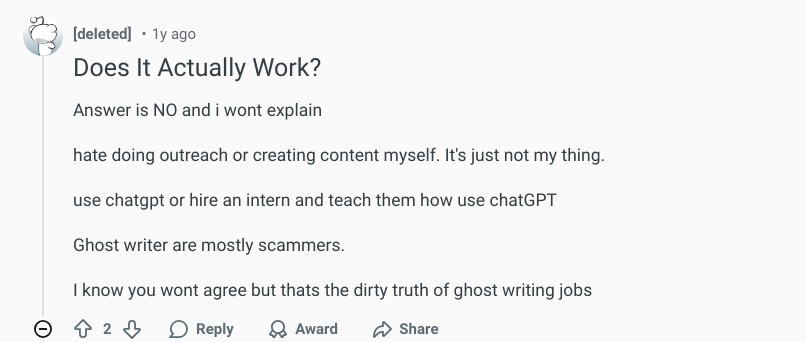 r/indianstartups comment calling ghostwriters scammers